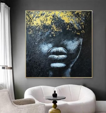 150の主題の芸術作品 Painting - 黒と金のアフリカ系の顔の唇